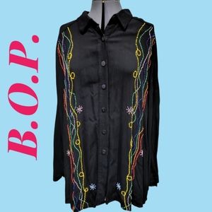 Vntg. BOP black long sleeve button down rayon blouse rainbow beading women's 1x